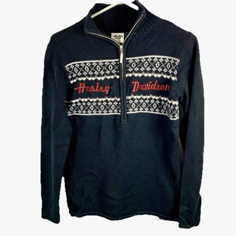 Harley Davidson Sweater Black Fair Isle 1/4 Zip Embroidered Women M‎ Biker Ski